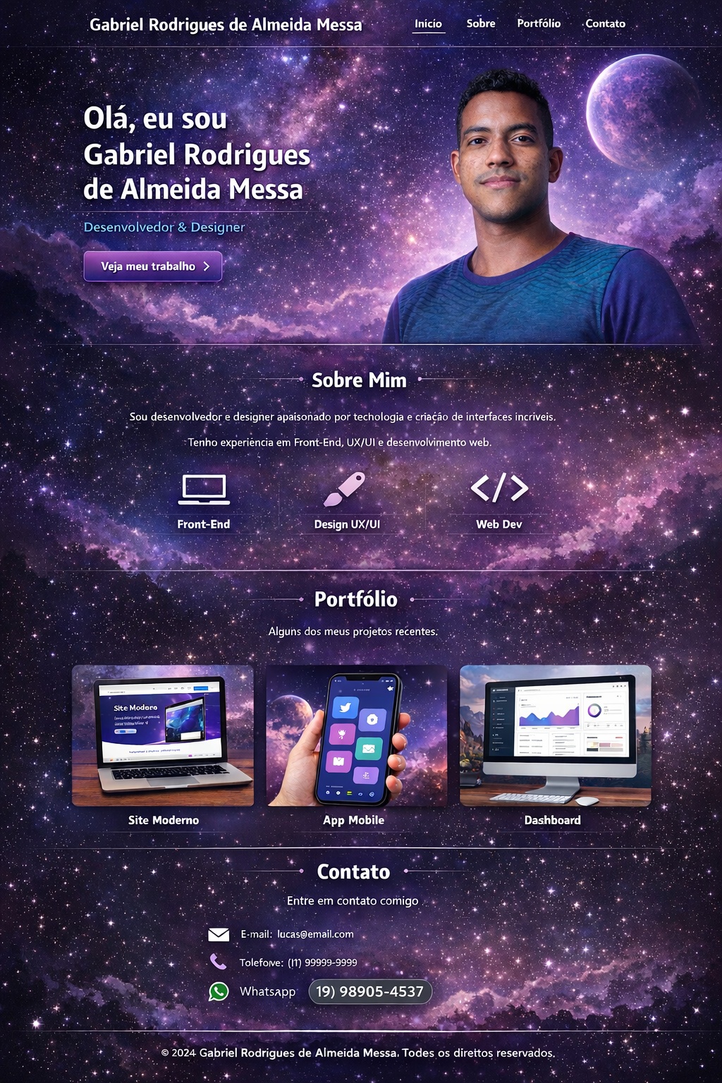 Prévia de página de portfólio com tema cósmico
